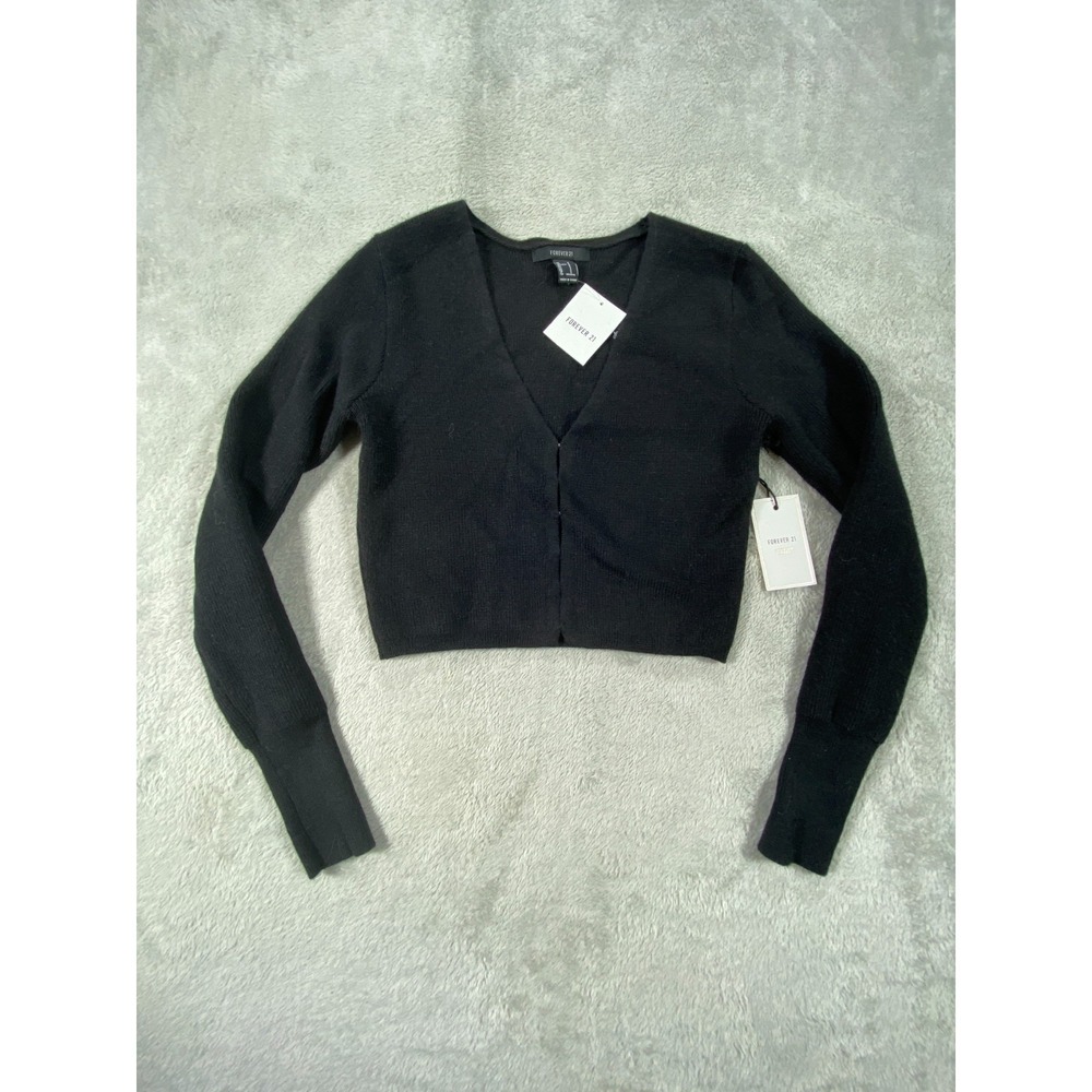 Forever 21 Cropped Cardigan Sweater Women Small Black Acrylic V Neck Winter Wear
